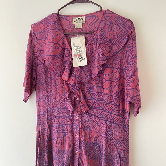 Vintage 70s Ruffle Collar Boho Prairie Dress Purple Batik Print Sheer Hippie - Picture 3 of 11